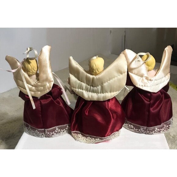 Angel Ornaments Set Of 3 With Deep Wine Lace Dresses & Satin Wings Ceramic Vtg - Picture 11 of 16